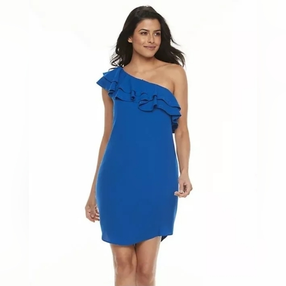 APT. 9 Women's One Shoulder Embroidered Ruffle Dress Blue Lined $54 Royal Sz M